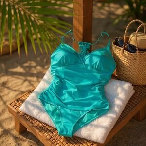 Hilor One Piece‎ Swimsuit Womens Size 16 Teal Ruched Monokini Macrame Back Swim